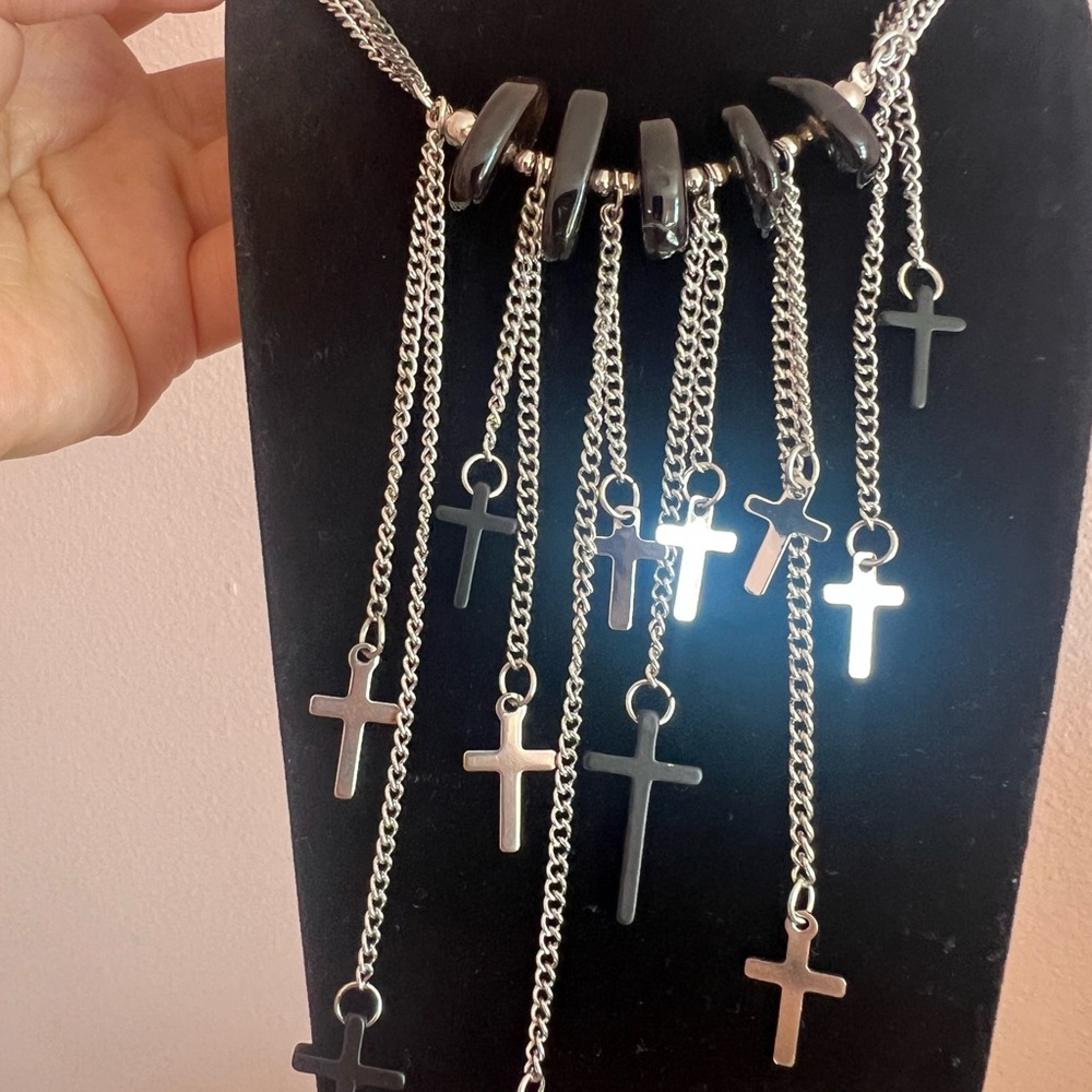 Silver and Black Layered Cross Pendant Necklace